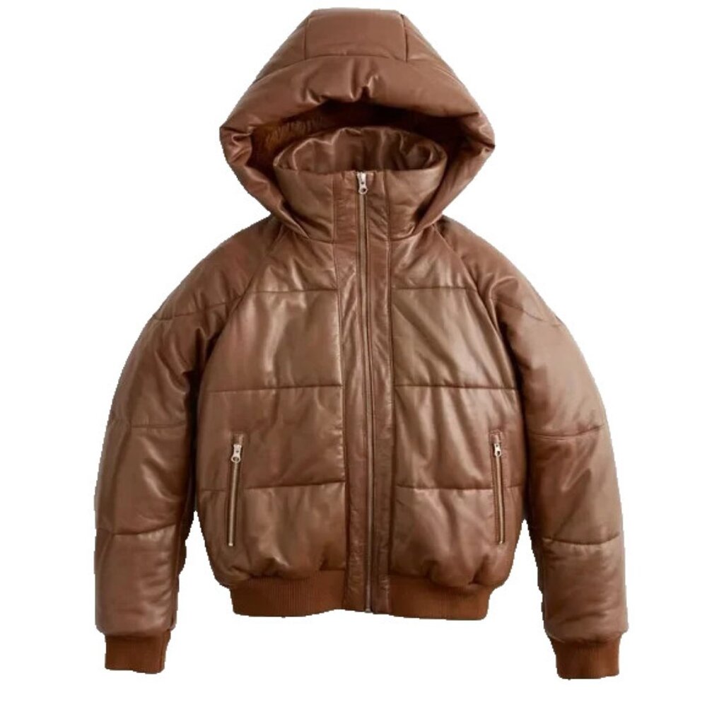 NWT Quince 100% Leather Puffer Jacket in Caramel Cafe Brown Hooded XS